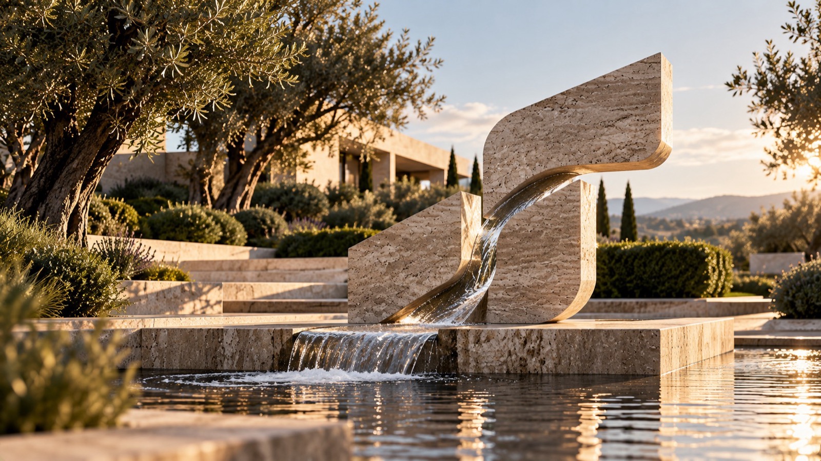 A travertine fountain at golden hour, its curve echoing the Growthstory mark.